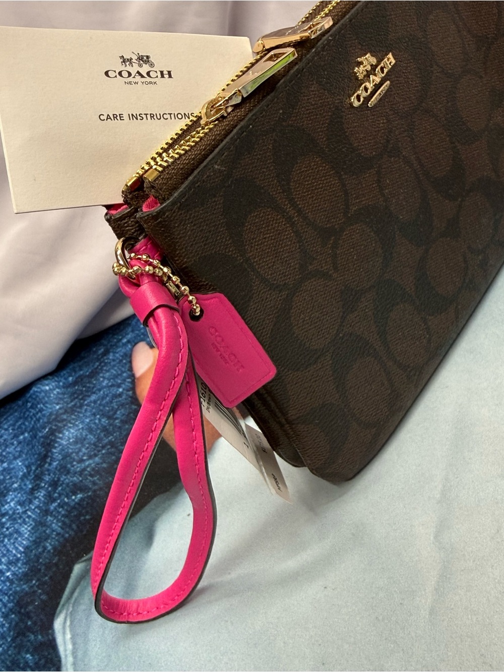 (new+tag) Coach Double-Zip Wristlet Brown Signature Monogram - Pink Wrist Strap - Picture 8 of 12